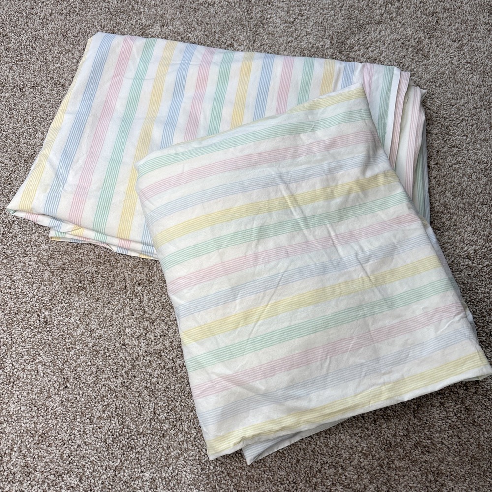 Vtg Fieldcrest Twin Flat Fitted Sheet Set Pastel Candy Stripe Mitered Corners